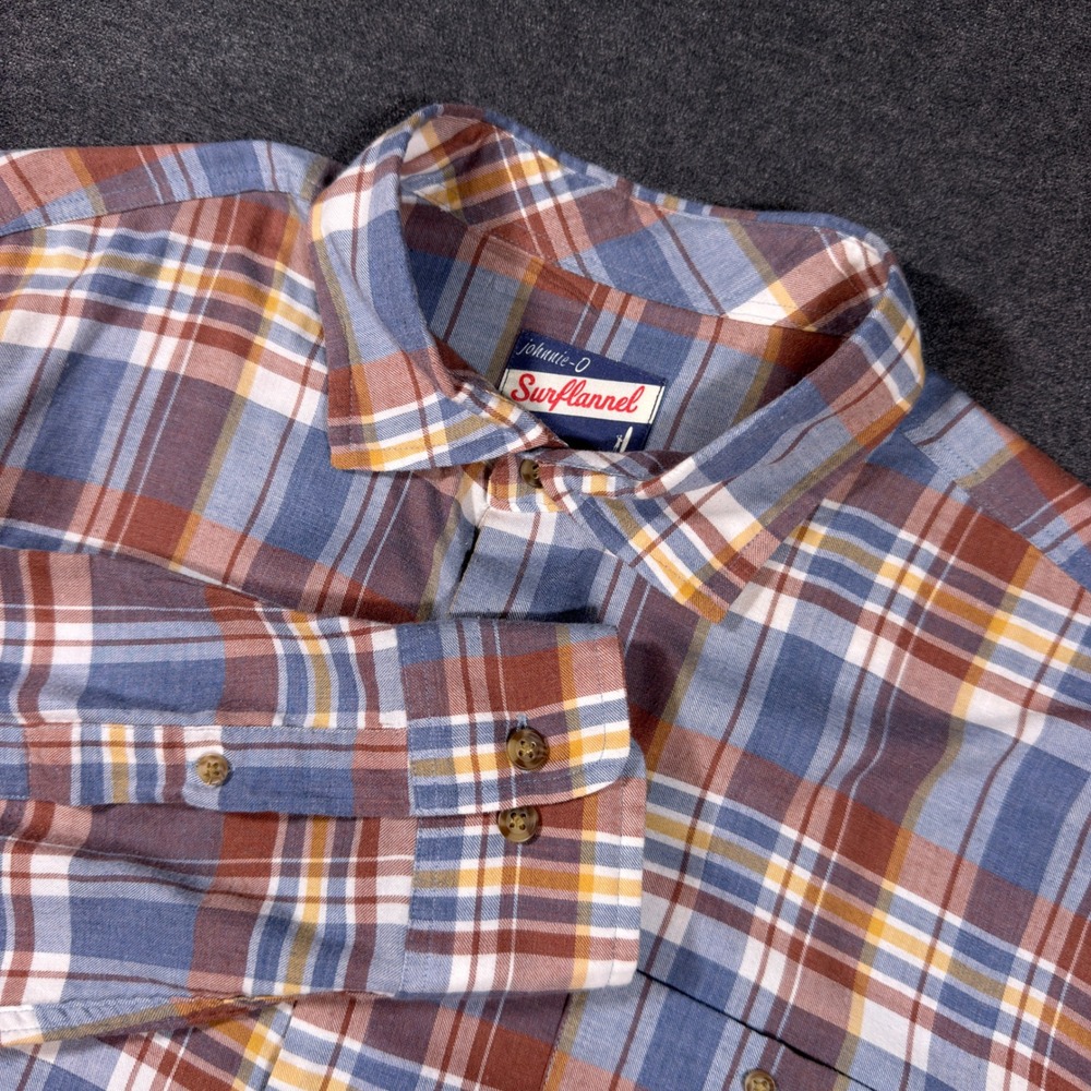 Johnnie-O Surflannel Shirt Mens Large Blue Plaid Cotton Stretch Button Up Light
